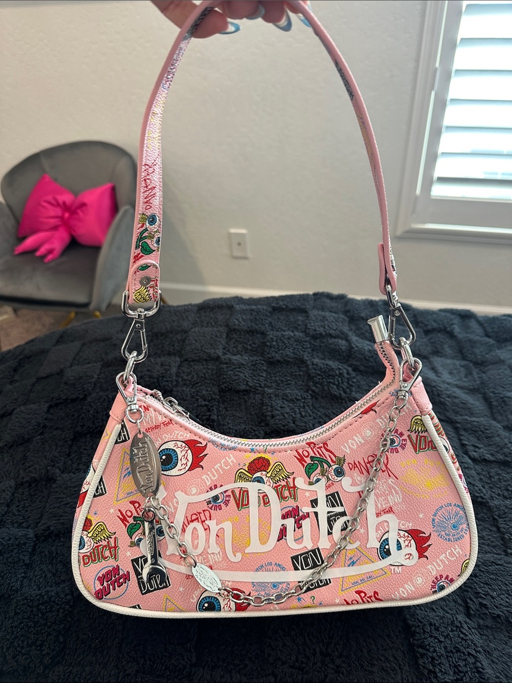 Von Dutch Pink Graphic Logo Shoulder Bag with Chain Accents